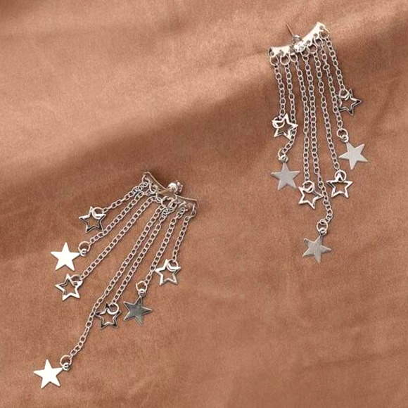 Star Earrings Dangle Hypoallergenic Removable Jacket Dangles Silver Chains New - Picture 4 of 4